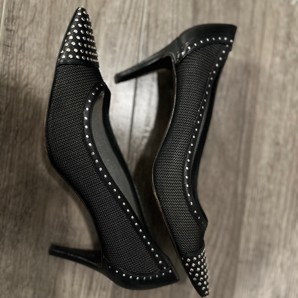 Stuart Weitzman studded black mesh pumps